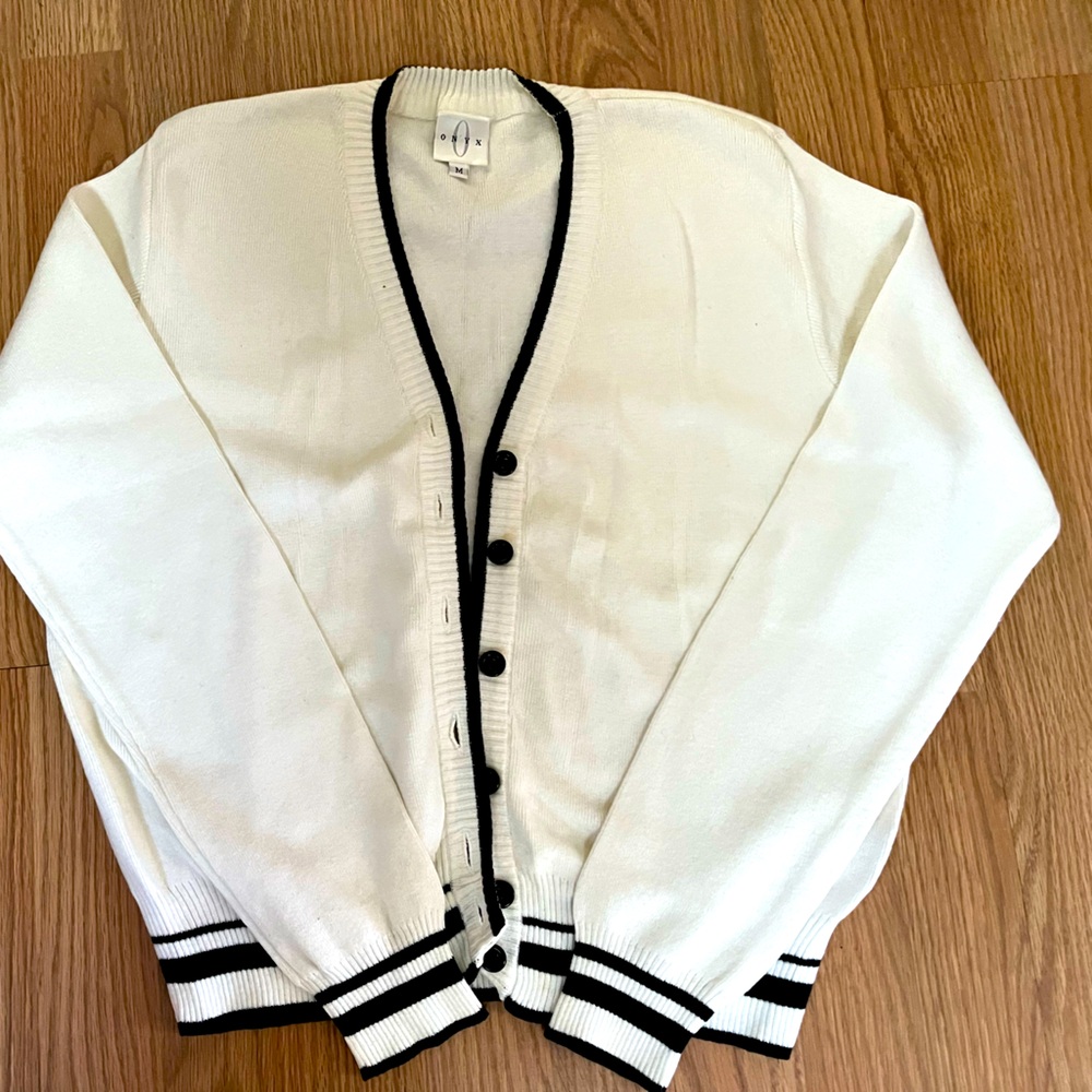 White Cardigan with Black Trim